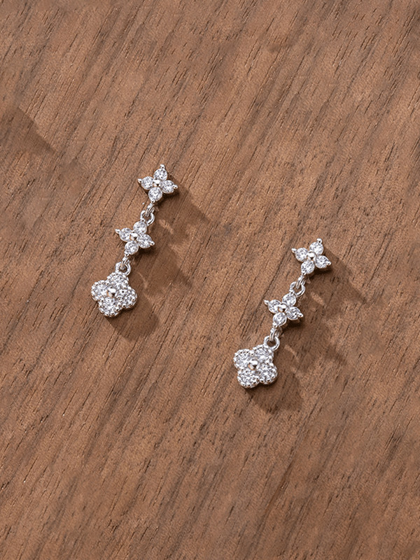 Flower Clove Cubic Zirconia Silver Cluster Earrings
